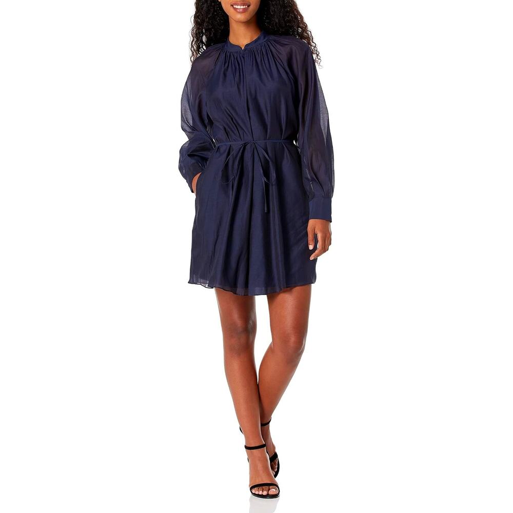 Rebecca Taylor Mini Dress Long Sleeve Silk Cotton Marine Blue Navy Size XL